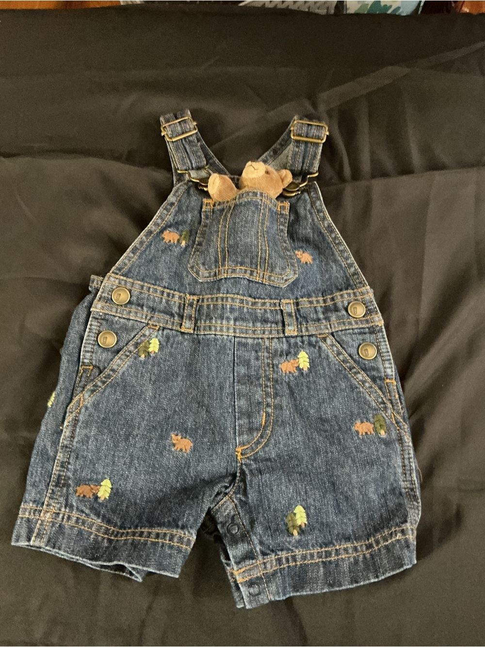 Children's Dark Blue Denim Short Overalls with Forest Embroidery - Picture 4 of 12